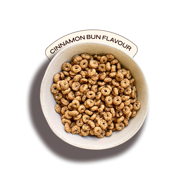 Bowl of Cinnamon Bun cereal with flavour tag
