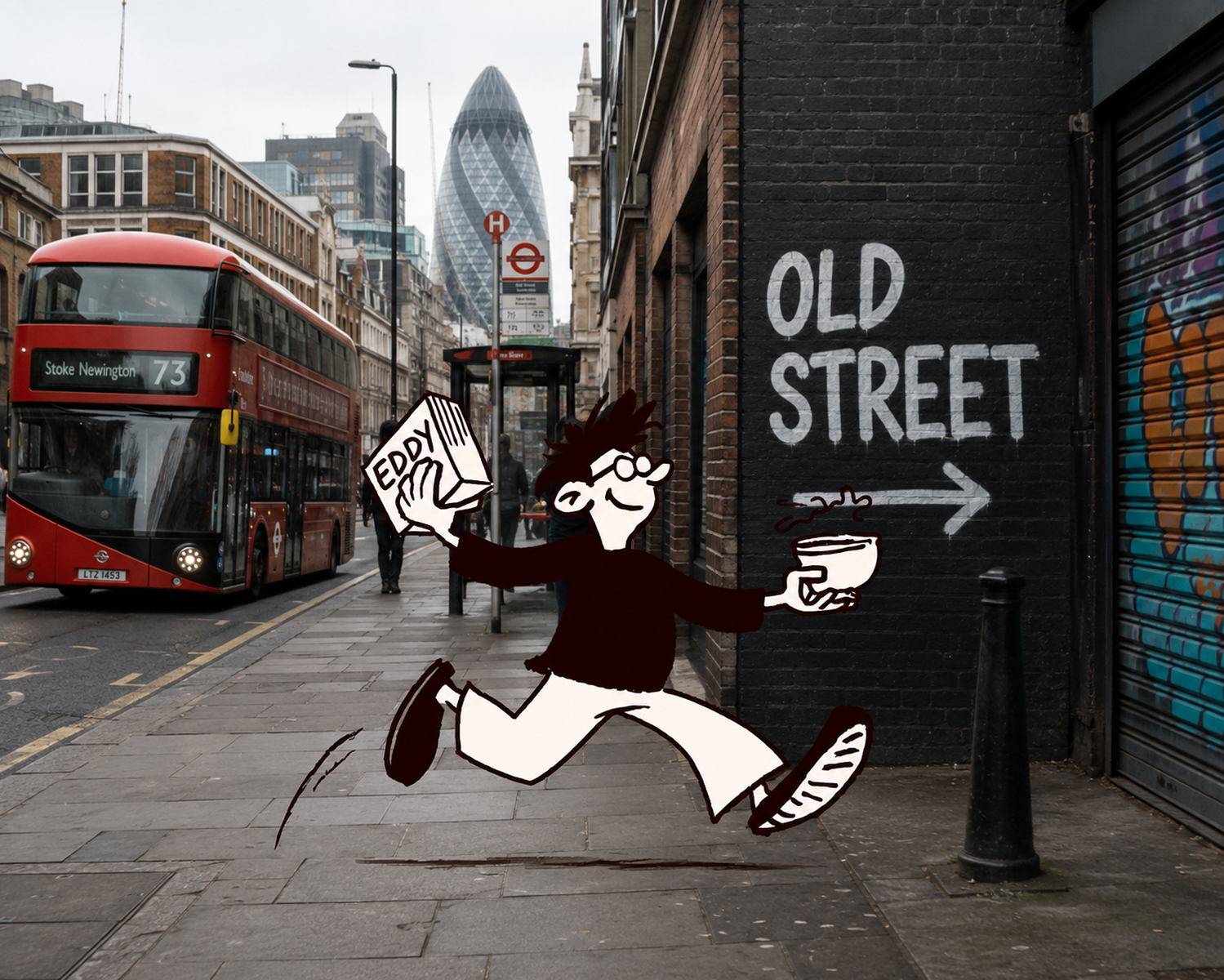 Eddy running through Old Street, London, box in hand