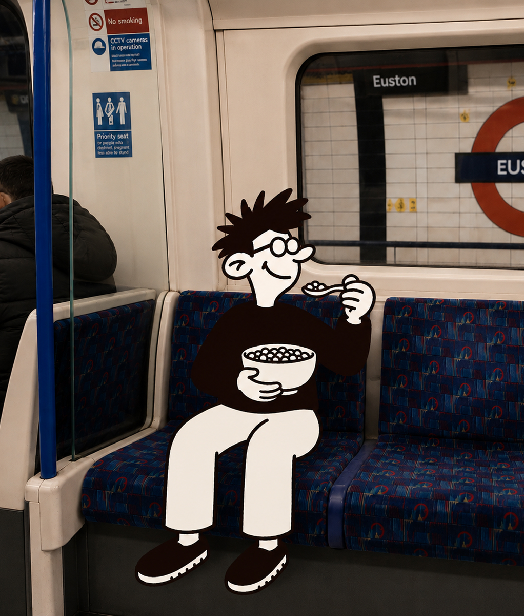 Eddy eating a bowl of cereal on the London Underground at Euston