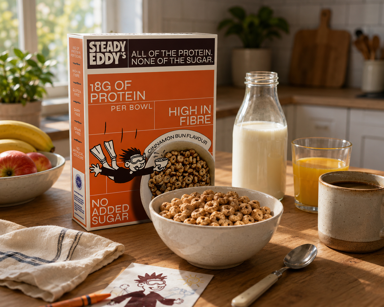 Steady Eddy's Cinnamon Bun cereal box with a bowl on a kitchen table