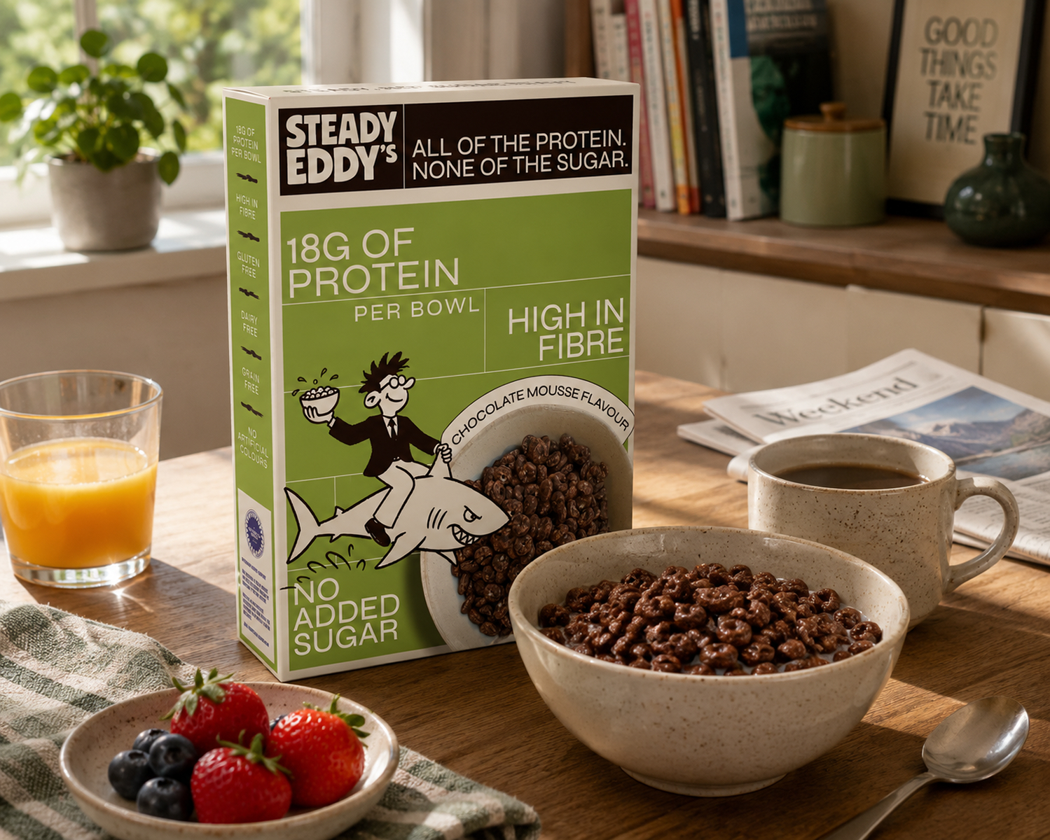 Steady Eddy's Chocolate Mousse cereal box with a bowl beside it