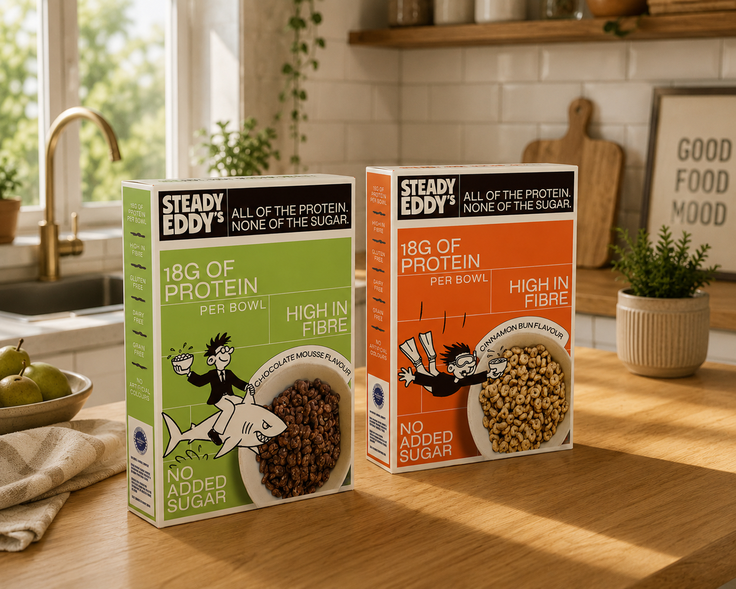 Steady Eddy's Chocolate Mousse and Cinnamon Bun boxes on a wooden kitchen surface